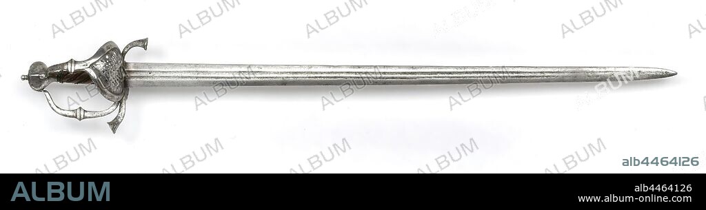 Sword, The iron hilt consists of a heart-shaped hilt knob, two fist brackets with a diamond-shaped relief embossed halfway through and riveted to the top the hilt knob, a guard rod with keep-shaped ornamentation at the ends, a side bracket with an open-worked plate with circles and stars, and an open-worked carved ring with a thumb clip on the carrying side, the wooden handle is wound with twisted copper wire (restored) and has braided handle rings at the top and bottom. The straight, two-sided blade has a hexagonal cross-section with two channels along the entire length and a Malthezer cross stamped on it, Sweden, anonymous, Netherlands, c. 1630 - c. 1640, iron (metal), wood (plant material), l 103.6 cm w 16 cm Ã— h 11.2 cm l 87.5 cm Ã— w 3.95 cm.