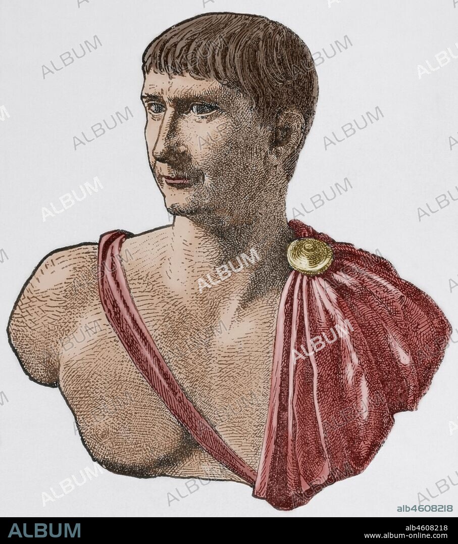 Marco Ulpio Trajano (53-117). Emperador romano. Dinastía Antonina. Grabado. "Museo Militar del Ejército Español", Tomo I. Evaristo Ullastres Editor. Barcelona, 1883. Coloreado.