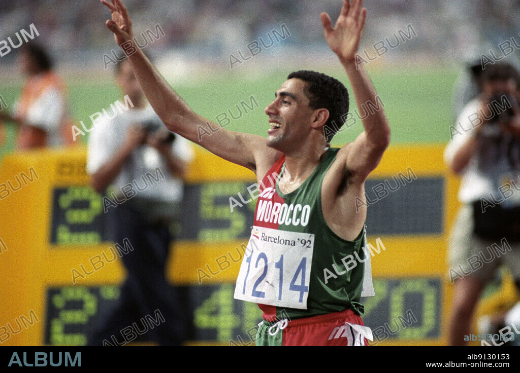 Barcelona Spain 1992-08-03 Olympic Games in Barcelona, ??athletics. Athlete Khalid Skah won 10,000 meters. Here he rejoices after the victory. Skah was first disqualified, but the disqualification was lifted and he was awarded the gold medal. Photo. Per R. Løchen / NTB / NTB.