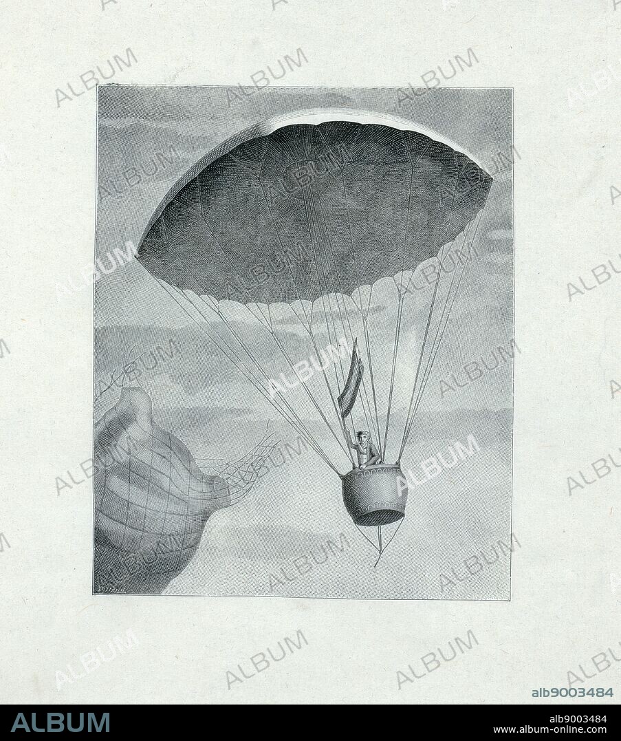Wood engraving depicting André Jacques Garnerin, first man to descend in a parachute, standing in the gondola of his parachute waving a French flag after release from his balloon. Dated 1797.