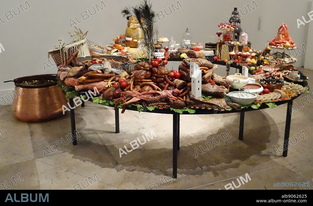 Sculpture titled 'Le Festin III' by Gilles Barbier (1965-) Ni-Vanuatu Contemporary artist. Oil painting on synthetic resin, cookware and table. Dated 2014.
