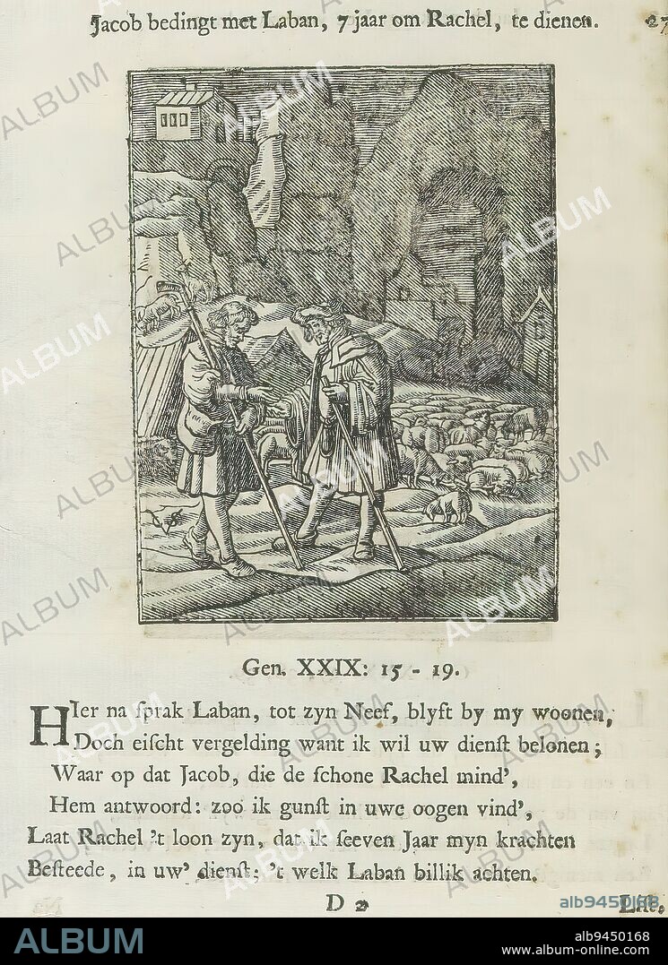 Jacob works seven years with Laban, Jacob stipulates with Laban, 7 years to serve Rachel, (title on object), In exchange for Rachel's hand, Jacob commits to serve seven years as a shepherd for Laban. Above the scene a title. Below, six verses and a reference to Genesis 29:15-19. The print is part of an album., print maker: Christoffel van Sichem (II), (mentioned on object), print maker: Christoffel van Sichem (III), (mentioned on object), publisher: Jan Klooster, Amsterdam, 1645 - 1646 and/or 1740, paper, letterpress printing, height 100 mm × width 76 mm, height 169 mm × width 125 mm.