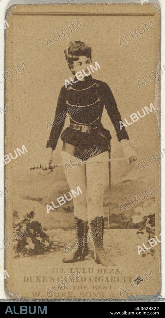 Card Number 212, Lulu Beza, from the Actors and Actresses series (N145-5) issued by Duke Sons & Co. to promote Cameo Cigarettes. Dimensions: Sheet: 2 11/16 × 1 3/8 in. (6.8 × 3.5 cm). Publisher: Issued by W. Duke, Sons & Co. (New York and Durham, N.C.). Date: 1880s.
Trade cards from the set "Actors and Actresses" (N145-5), issued in the 1880s by W. Duke Sons & Co. to promote Cameo Cigarettes. There are eight subsets of the N145 series. Various subsets sport different card designs and also promote different tobacco brands represented by W. Duke Sons & Company. This card is from the fifth subset, N145-5. Note that actors' names are spelled differently on cards throughout set and are not dependable for accuracy.