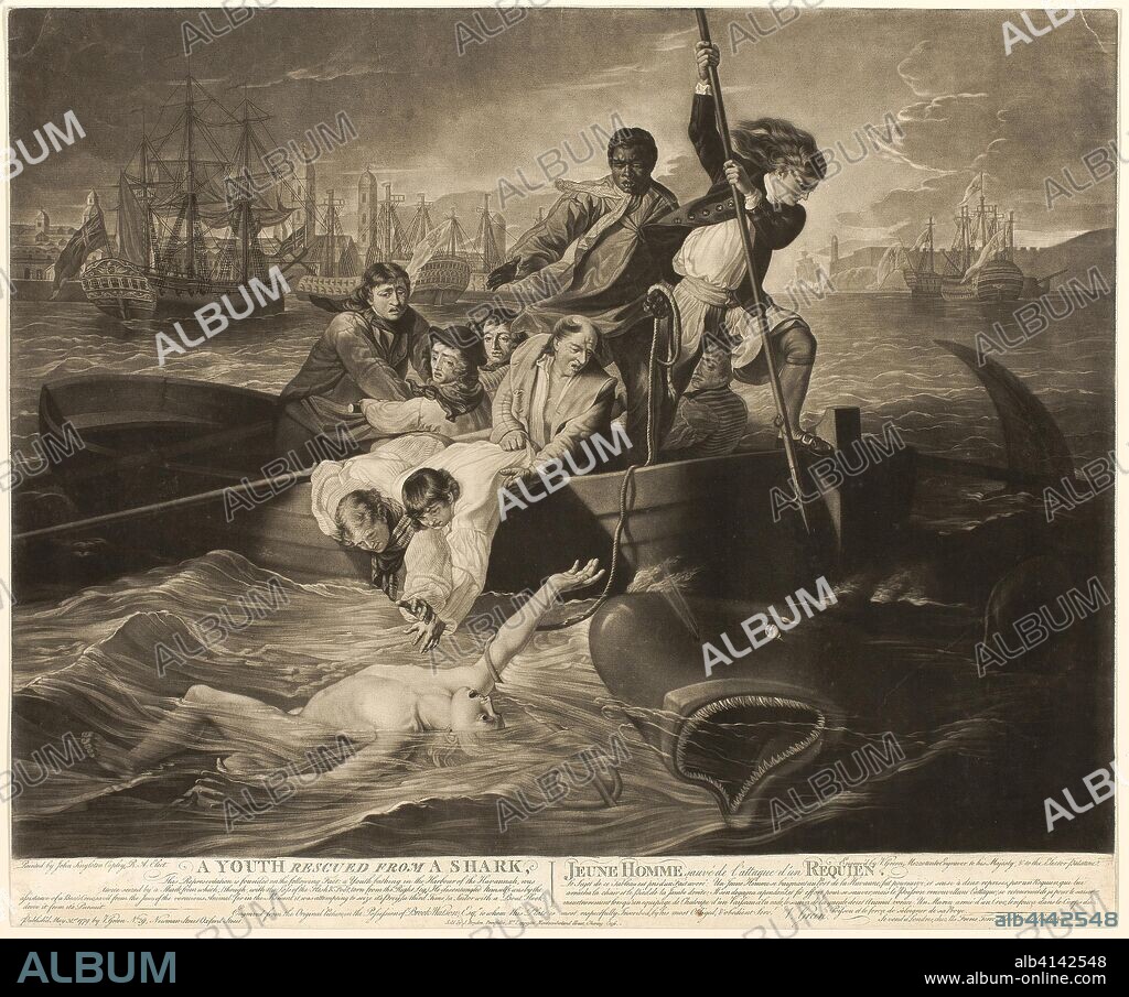 A Youth Rescued from a Shark. Valentine Green (English, 1739-1813); after John Singleton Copley (American, 1738-1815). Date: 1779. Dimensions: 504 × 609 mm (plate/sheet; sheet cut within plate). Mezzotint on ivory laid paper. Origin: England.