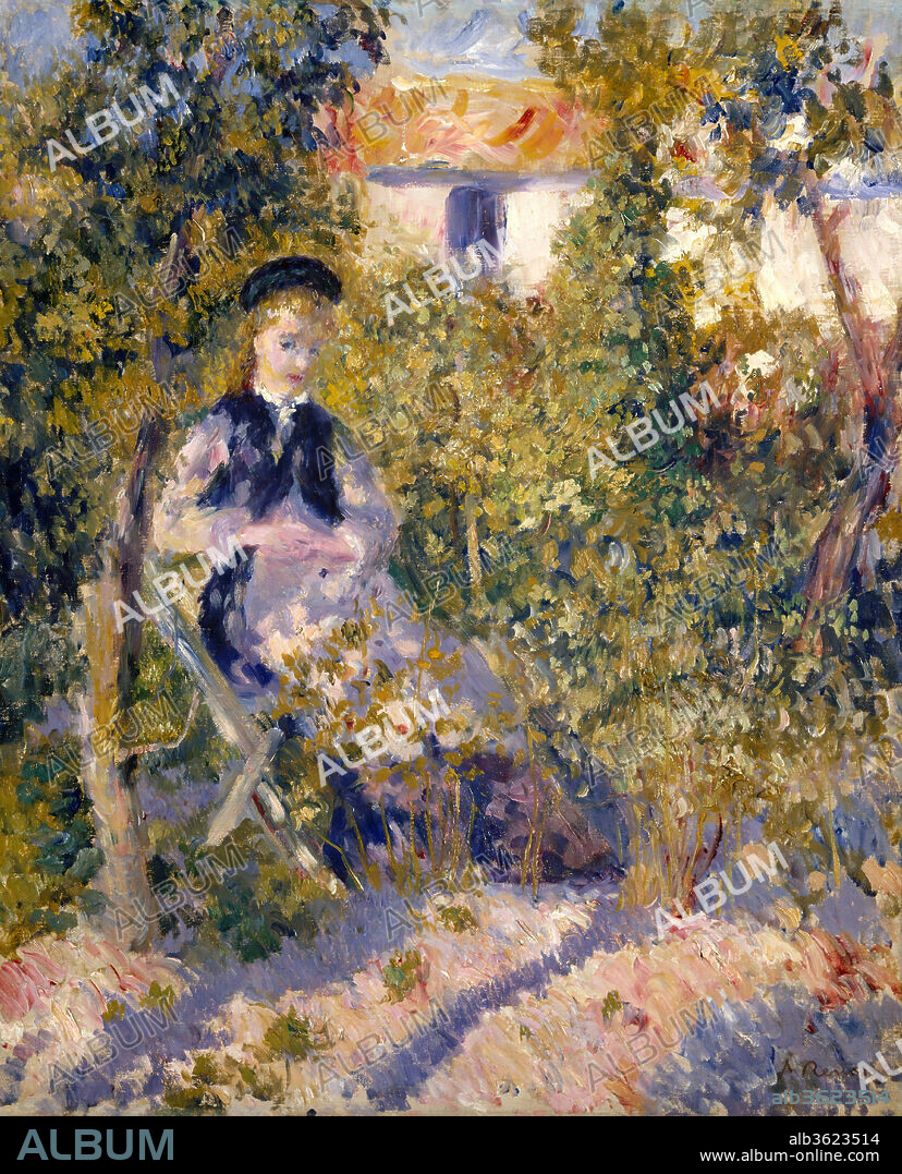 Nini in the Garden (Nini Lopez). Artist: Auguste Renoir (French, Limoges 1841-1919 Cagnes-sur-Mer). Dimensions: 24 3/8 x 20 in. (61.9 x 50.8 cm). Date: 1876.
Renoir's model, Nini Lopez, sits in the large garden adjacent to the artist's studio at 12 rue Cortot, in Montmartre. The same technique--varied brushstrokes of colors mixed with white--and interest in dappled light and violet shadows are found in Renoir's masterpiece of this period, <i>Moulin de la Galette</i>, 1876 (Musée d'Orsay, Paris).