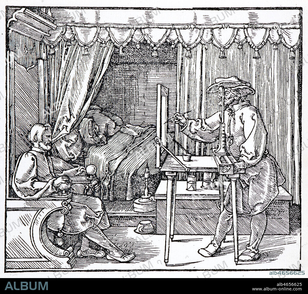 Dessinateur faisant le portrait selon un modele avec sa machine a dessiner. Gravure de DURER (1471-1528). Credit: Collection KHARBINE-TAPABOR.