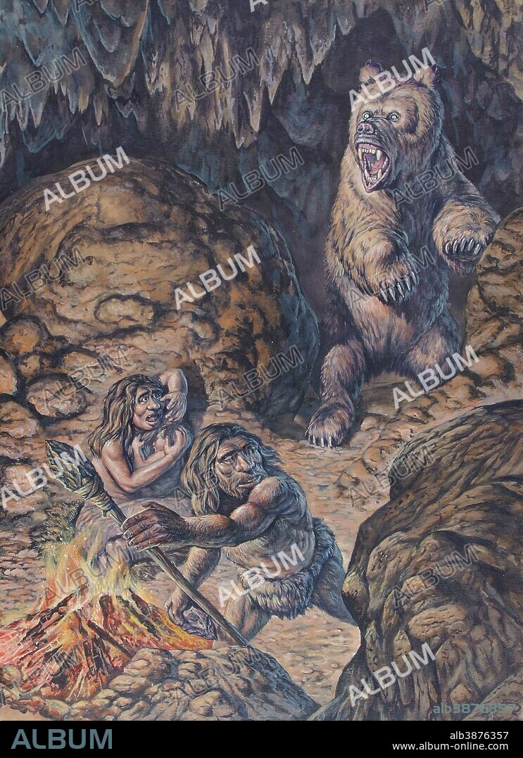Homo neanderthalensis (Neanderthal humans) confronted by a cave bear (Ursus spelaeus), Pleistocene Epoch (Ice Age) of Europe and Western Asia.