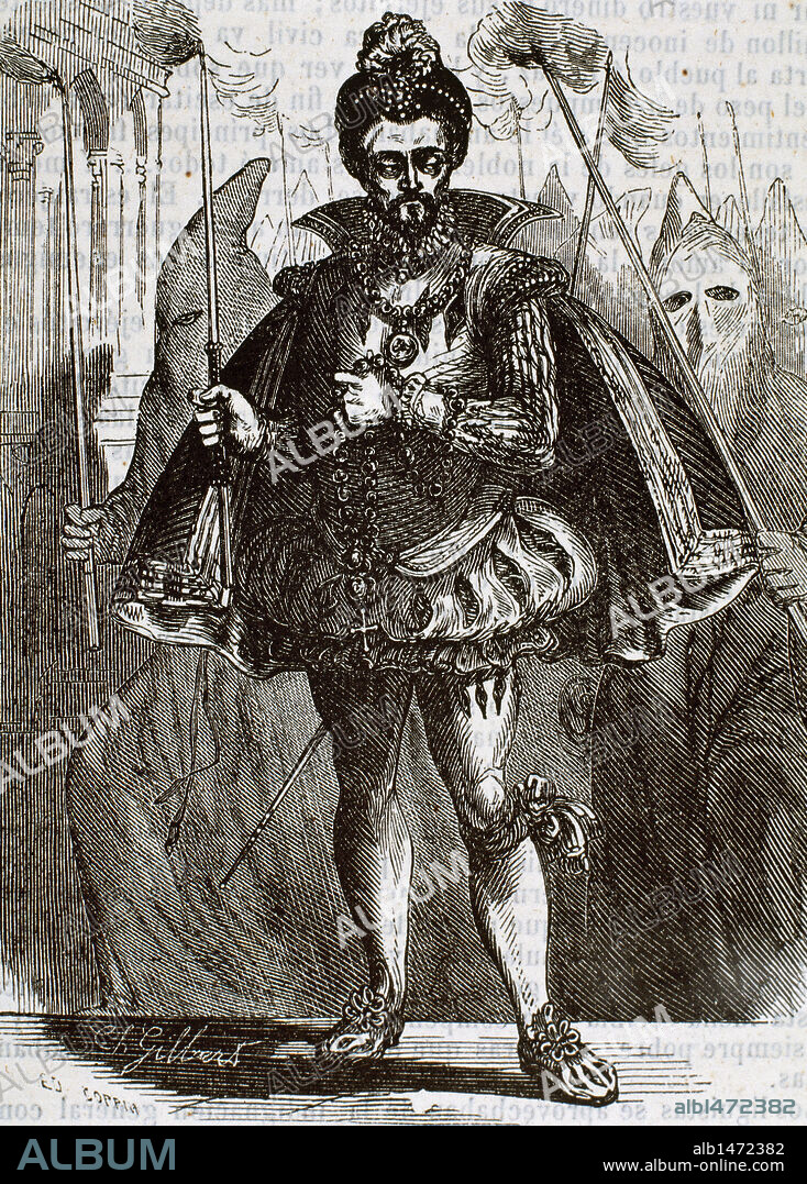 ENRIQUE III DE VALOIS (Fontainebleau, 1551-Saint-Cloud,1589). Rey de Francia de 1574 a 1589. Responsable junto a su madre, Catalina de Medicis, de la Noche de San Bartolomé (1572). Elegido Rey de Polonia (1573), abandonó este país para suceder a Carlos IX. Grabado por Ch. Gilbert.