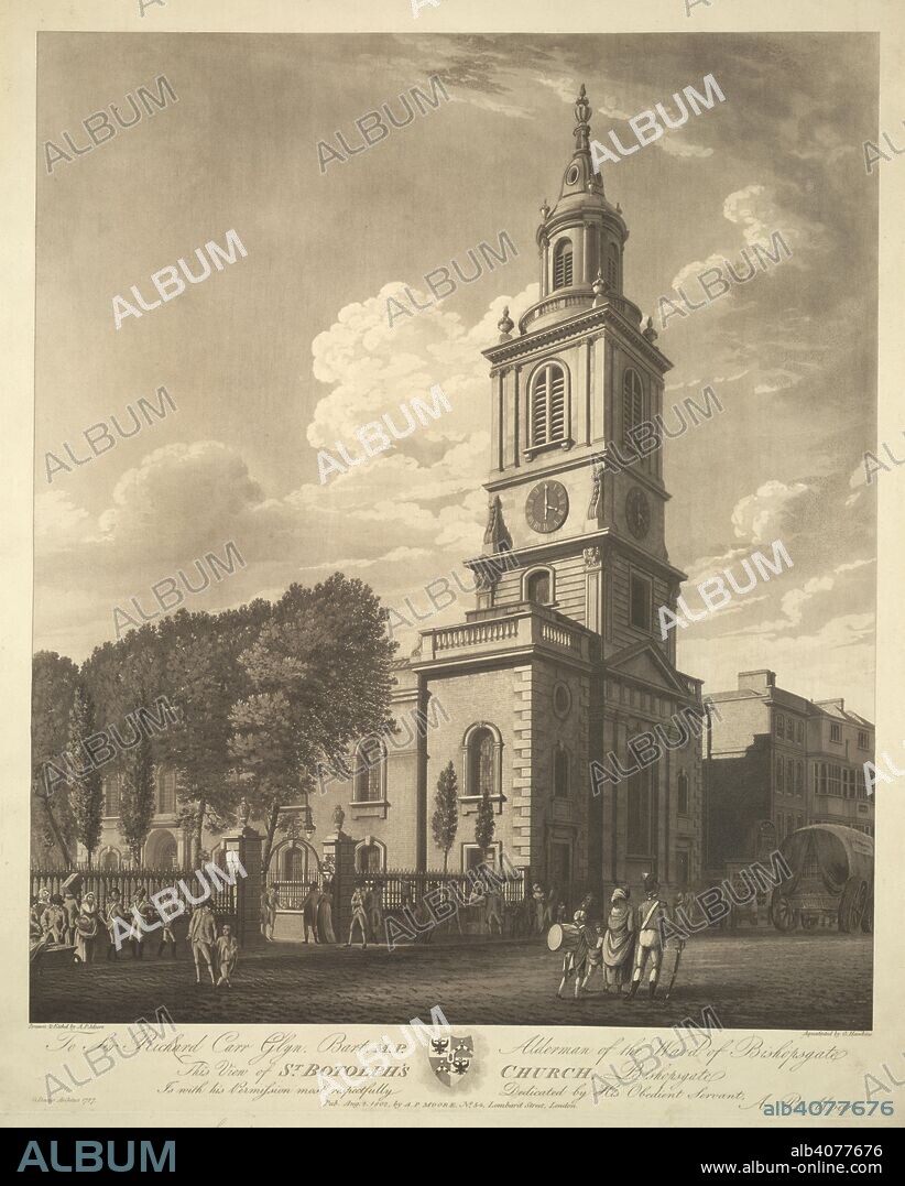 GEORGE HAWKINS. A view of St. Botolph's Church from the street; a wagon on the far right labelled "AP Moore 1802", a number of figures on the pavement including soldiers and street traders. A few figures crossing the street in the foreground, including a man with a large drum on his back. To Sir Richard Carr Glyn Bart. M.P. Alderman of the Ward of Bishopsgate. This View of ST BOTOLPH'S CHURCH, Bishopsgate Is with permission most respectfully Dedicated by His Obedient Servant, A.P. Moore. Pub. Aug. 2. 1802 by A.P.Moore, No. 54, Lombard Street, London. Etching and aquatint. Source: Maps K.Top.23.9. Language: English.