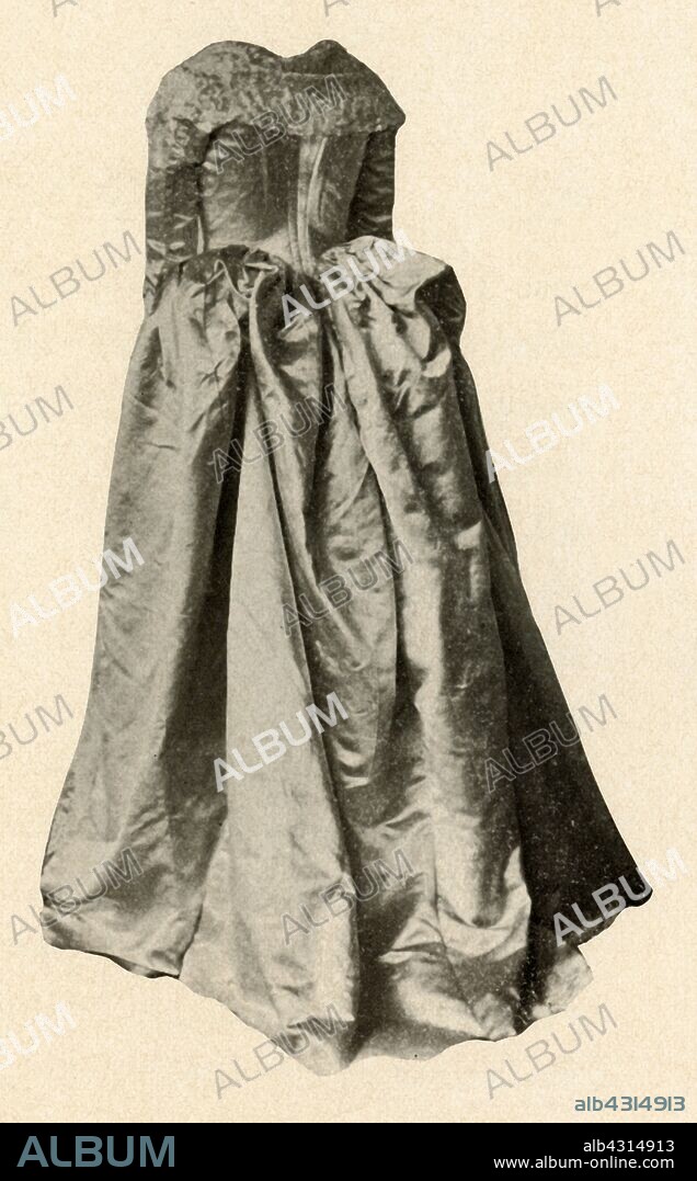 'Shows a white satin wedding gown worn by Mrs. St. Clair in Philadelphia', 1760, (1937). Phoebe Bayard St Clair (1743 - 1818), born in the Massachusetts colony was married to Arthur St. Clair in May, 1760.  From "History of American Costume - Book One 1607-1800", by Elisabeth McClellan. [Tudor Publishing Company, New York, 1937].