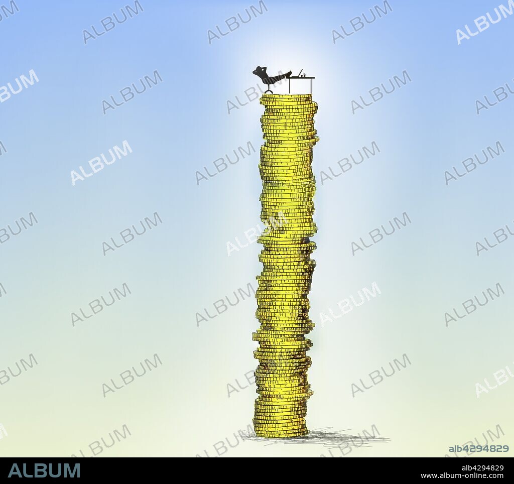 Businessman sitting with feet up on top of tall pile of money.