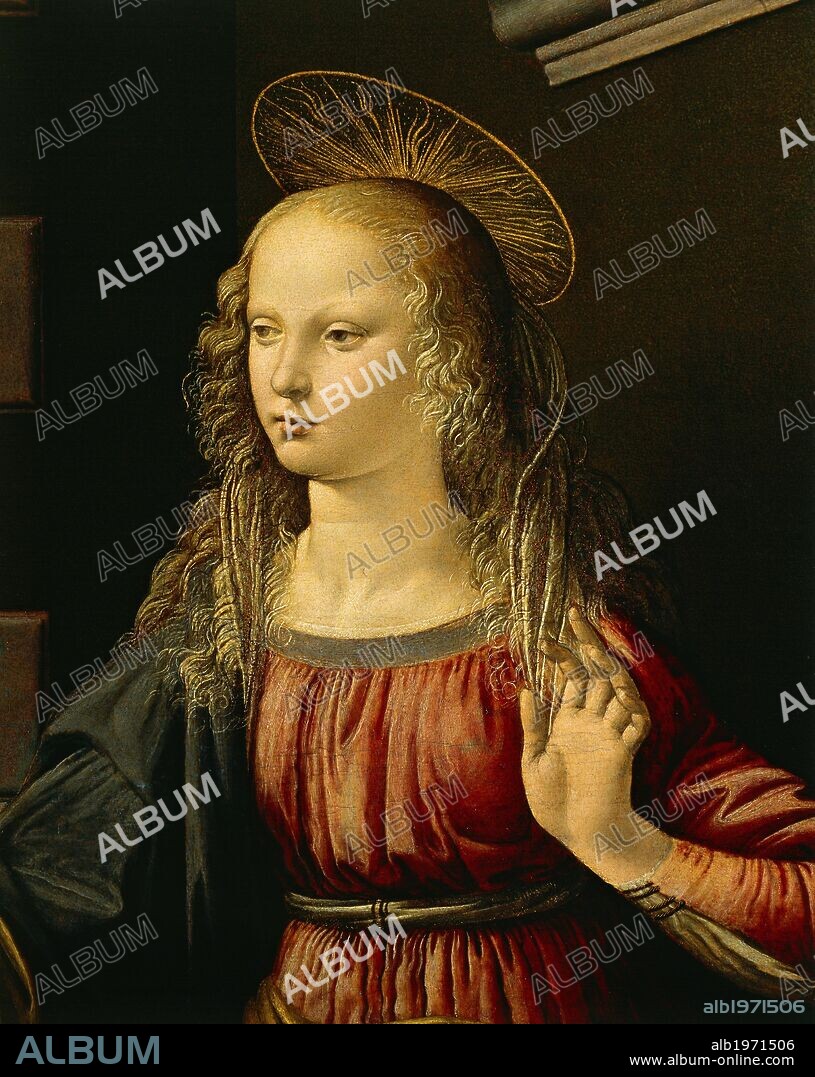 The Virgin Mary, detail from the Annunciation, 1472-1475, by Leonardo da Vinci (1452-1519), oil and tempera on panel, 98x217 cm.