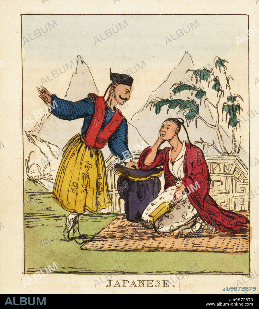Japanese costume, 19th century. Man in hat, waistcoat, jacket and hakama trousers. Woman with hair in pigtails, wearing a kimono and holding a fan. Handcoloured copperplate engraving from The World in Miniature, or Panorama of the Costumes, Manners & Customs of All Nations, John Bysh, London, 1825.