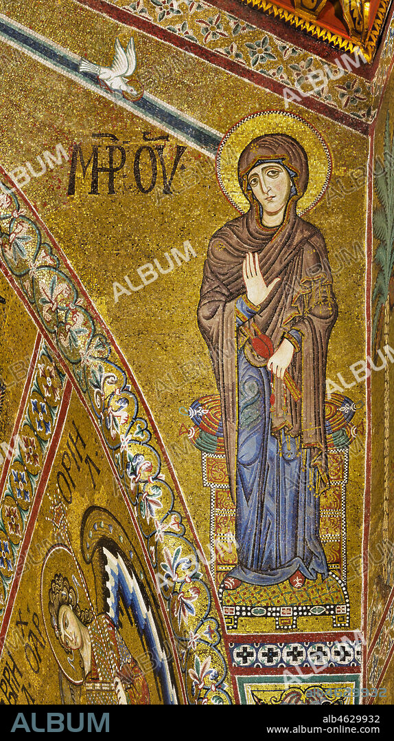 Monreale Cathedral, apse: Announciate Virgin, Byzantine mosaic with a golden background in the tympanum of the apse. The mosaics of the Cathedral were made between the twelfth and mid-thirteenth century by partly local and partly Venetian workers, trained at the Byzantine school.