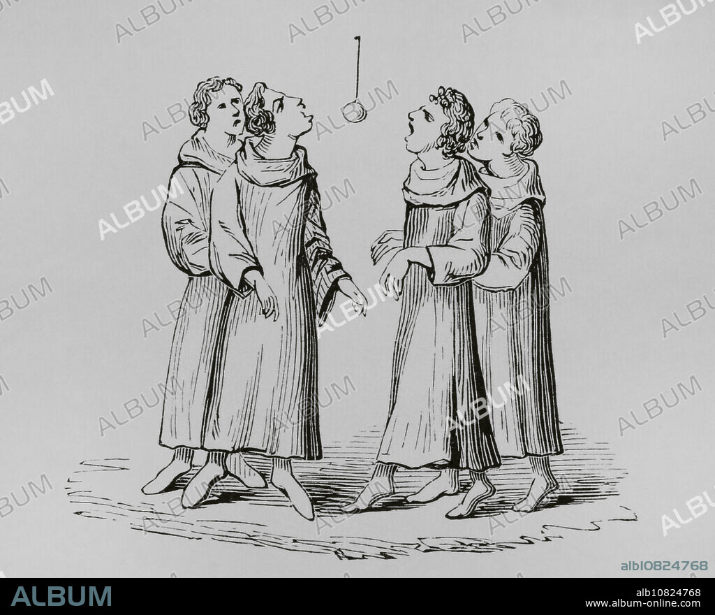 Medieval monks playing the game of bob apple or swinging apple. The apple was hung on a rope and the players had to bite them without using their arms or hands. Engraving from a 14th-century manuscript. "Moeurs, usages et costumes au moyen-âge et à l'époque de la Renaissance", by Paul Lacroix. Paris, 1878.
