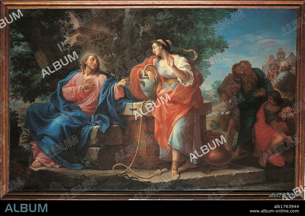 The Samaritan (Woman) at the Well, by Giuseppe Peroni, 18th Century,. Italy, Emilia Romagna, Parma, San Sepolcro Church. All. Painting Jesus Christ Samaritan well plant stone ashlars stone building background probably arch amphora jug pitcher hairstyle hairdo ribbon sandals step garment cloth dress drapery basket fruits onlookers bystanders group people landscape sky blue red pink light blue azure white green shades tones hues of brown gray black.