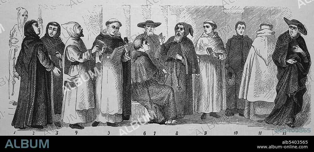 Religious knights: A Hvid Bodsbroder, a Benedictine monk, a Cistercian, a Carthusian, a Dominican, a Franciscan, an Augustinian, a Capuchin monk, a PremonstecianPremonstratensian, a Brother of Mercy, a Carmelite and a Jesuit, woodcut from 1880.