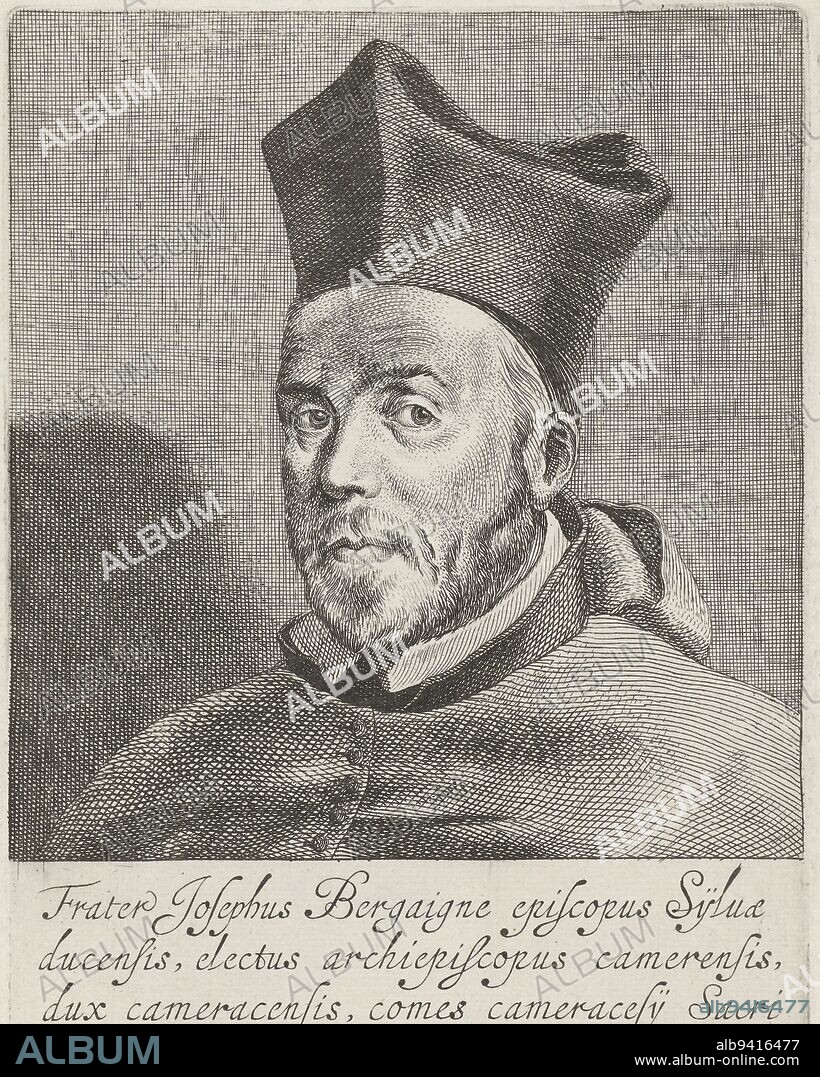Portrait of Joseph de Bergaigne, Bishop of Den Bosch and Archbishop of Kamerijk, dressed in episcopal garb with a biretta on his head. Bust to the left. Below in the margin a seven-line text in Latin., Portrait of Joseph de Bergaigne, print maker: Pieter Nolpe, publisher: Abraham van Waesberge (I), (possibly), Amsterdam, 1644, paper, etching, engraving, h 208 mm × w 141 mm.