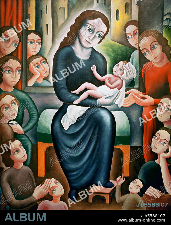 GEORG SCHRIMPF. Schrimpf, Georg, 1889-1938, German artist. "Besuch beim Kinde" (Visiting the child), 1918. Oil on canvas, 111 × 90 cm. Heidelberg, Kurpfälzisches Museum.