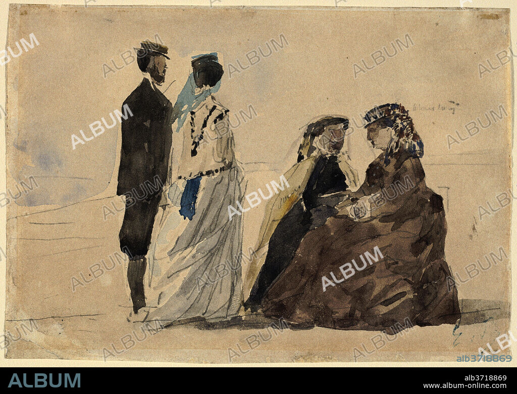 EUGENE BOUDIN. Two Ladies Seated and a Couple Walking on the Beach. Dated: c. 1866. Dimensions: overall: 11 x 15.5 cm (4 5/16 x 6 1/8 in.). Medium: watercolor over graphite on wove paper.