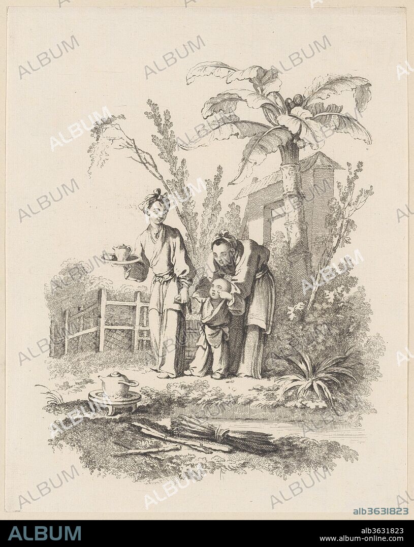 Two Women Leading a Child toward a Teapot on a Table near a Pond. Artist: After François Boucher (French, Paris 1703-1770 Paris); Gabriel Huquier (French, Orléans 1695-1772 Paris). Dimensions: Sheet (trimmed): 11 13/16 × 9 5/16 in. (30 × 23.7 cm). Series/Portfolio: Scenes of Chinese Life
(Scenes de la vie Chinoise). Date: ca. 1742.