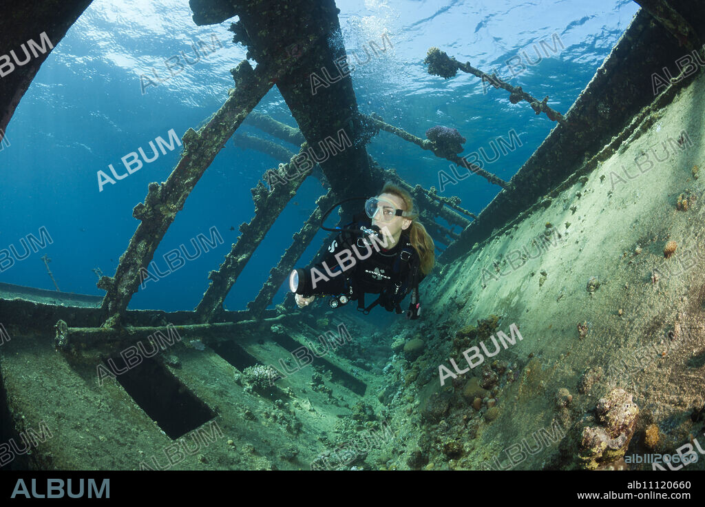 Scuba Diver at Umbria Wreck, Wingate Reef, Red Sea, Sudan.