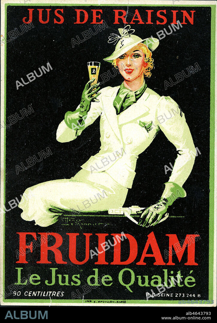 'Jus de raisin FRUIDAM, le jus de qualite'. Etiquette vers 1930 par HEnry Le Monnier (1893-1978=DR-). Credit : IM/KHARBINE-TAPABOR.