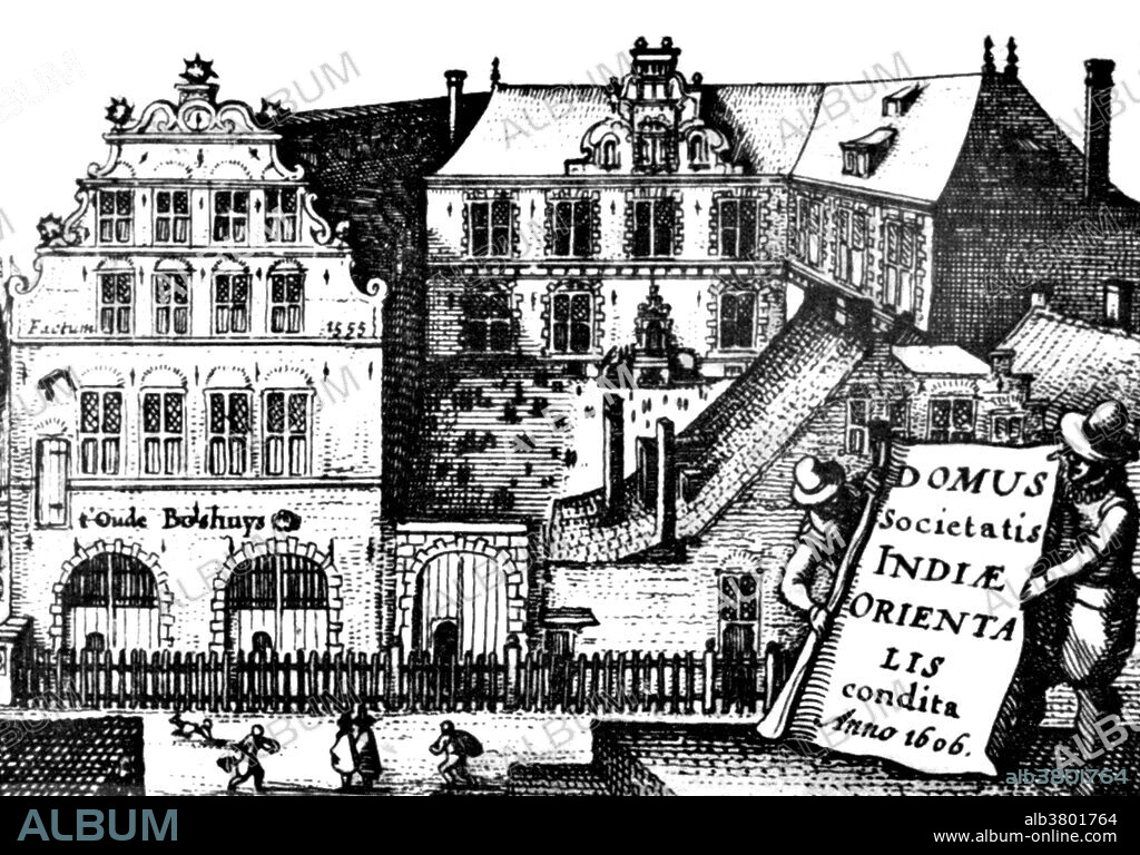 The Oost-Indisch Huis (East India House) is an early 17th-century building in the center of Amsterdam. It was a headquarters of the Dutch East India Company. The Dutch East India Company was a chartered company established in 1602, when the States-General of the Netherlands granted it a 21-year monopoly to carry out colonial activities in Asia. It is often considered to have been the first multinational corporation in the world and it was the first company to issue stock. Over the next two centuries the Company acquired additional ports as trading bases and safeguarded their interests by taking over surrounding territory. It remained an important trading concern and paid an 18% annual dividend for almost 200 years. Weighed down by corruption in the late 18th century, the Company went bankrupt and was formally dissolved in 1800.