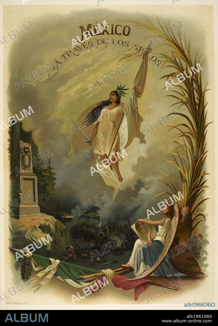 Frontispiece to a Mexican history book showing a personification of Mexico. MeÌxico aÌ traveÌs de los siglos. 1888. RIVA-PALACIO Y GUERRERO, Vicente. Source: 9770.l.1 frontispiece. Language: Spanish.