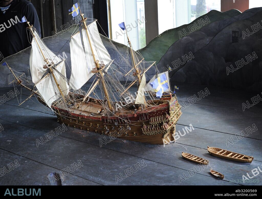 Warship Vasa. Built 1626-1628. Model with sinking recreation. Vasa Museum. Stockholm. Sweden.