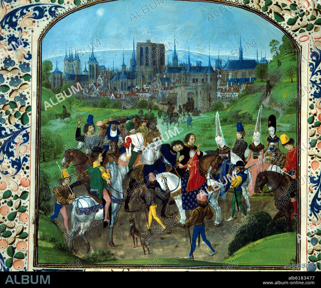 JEAN DE FROISSART (1333-1410). LUIS II DE ANJOU REY DE SICILIA ES RECIBIDO POR LO PARISINOS - CRONICA DE FROISSART - MANUSCRITO DEL SIGLO XV.