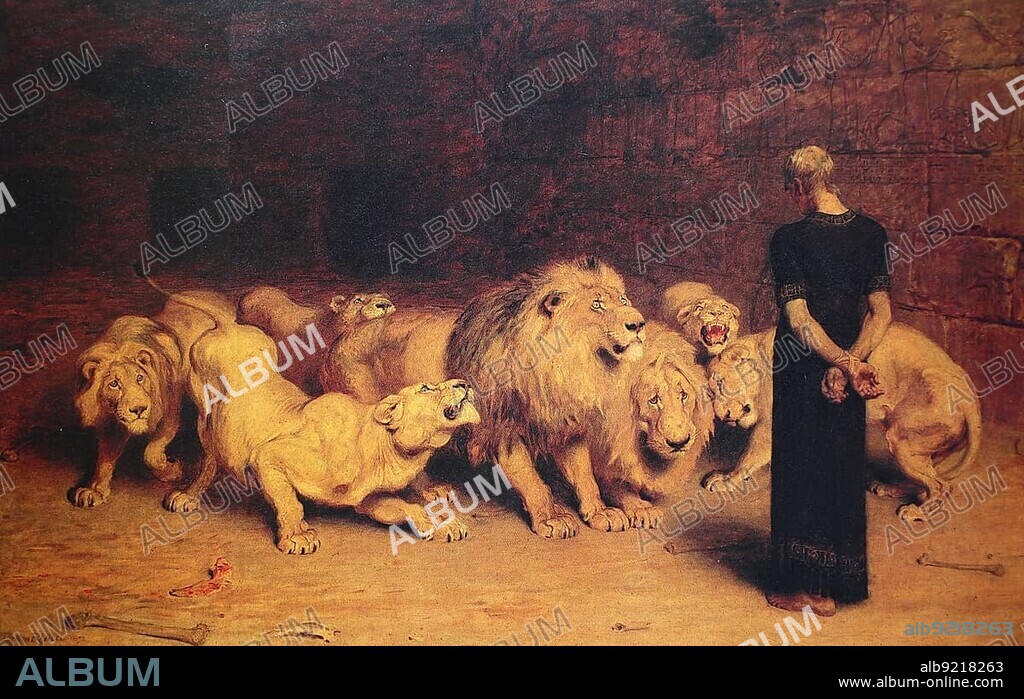 Daniel in the Lion's Den, Daniel can interpret dreams and therefore goes from being a slave to being the king's most important advisor. But his enviers conspire against him and throw him into the lion's den, Painting by Briton Riviere (1840-1920), Historic, digitally restored reproduction of a 19th century original, exact original date unknown.