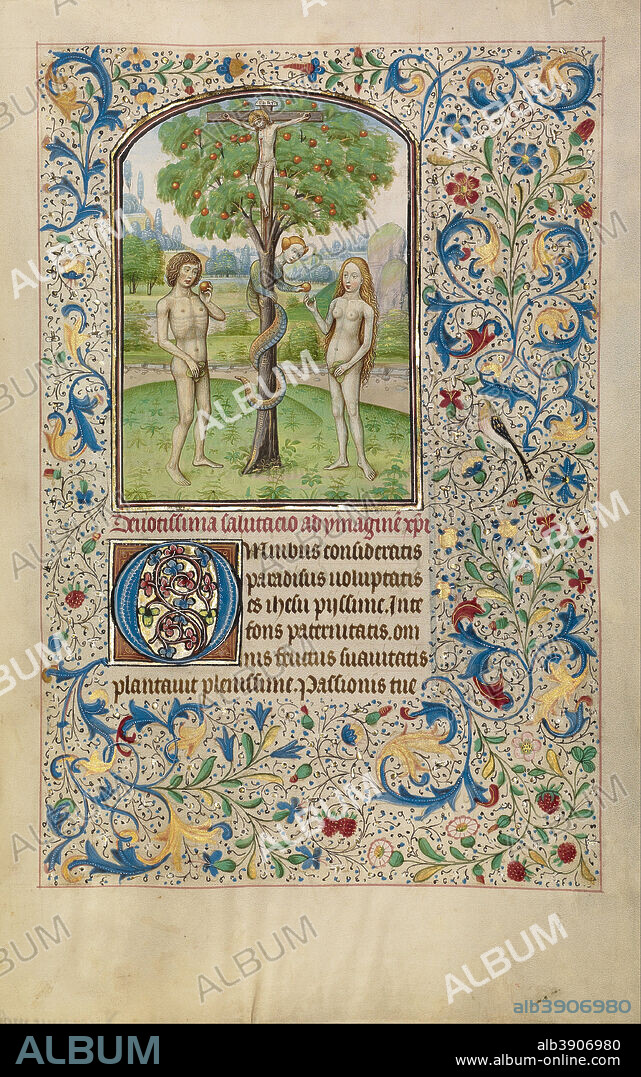 WILLEM VRELANT. Adam and Eve Eating the Forbidden Fruit. Date/Period: Early 1460s. Folio. Tempera colors, gold leaf, and ink on parchment. Height: 256 mm (10.07 in); Width: 173 mm (6.81 in).