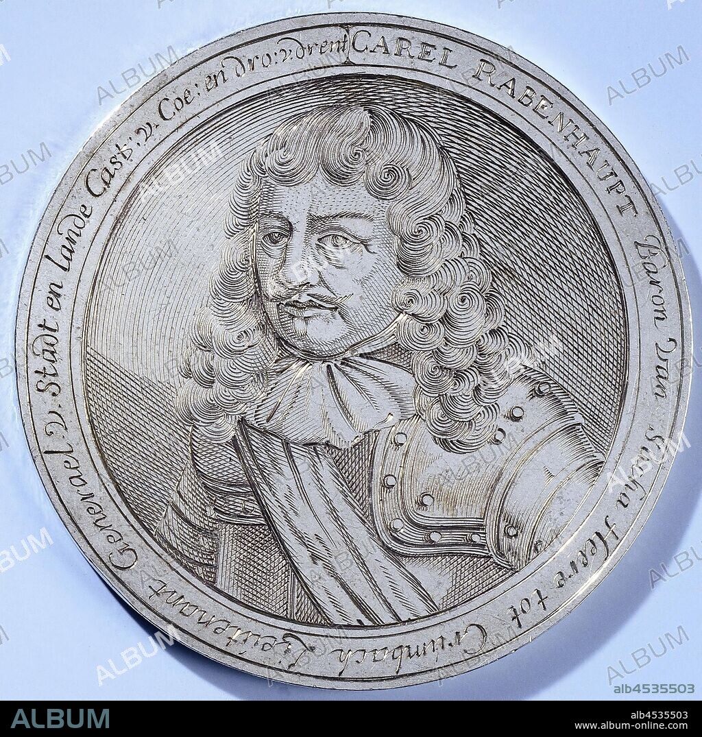 Siege of Groningen, in honor of Carel Rabenhaupt, Silver Medal. Front: man's bust inside the inside. Reverse: view of the city and besiegers during shooting within a circumference., Groningen, Karl Rabenhaupt (baron von Sucha), anonymous, 1672, silver (metal), engraving, d 7.5 cm × w 63.23 gr.