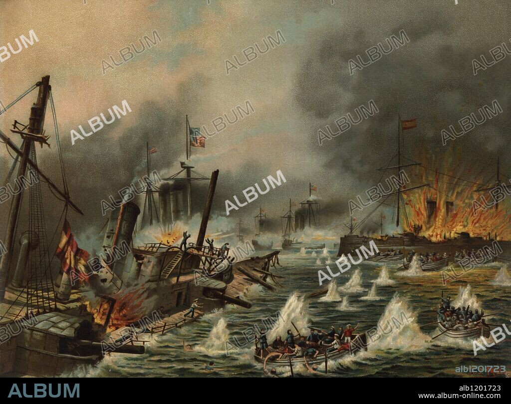 Batalla naval de Cavite (Manila) en 1898, entre la marina de España y la de Estados Unidos de Norte América.