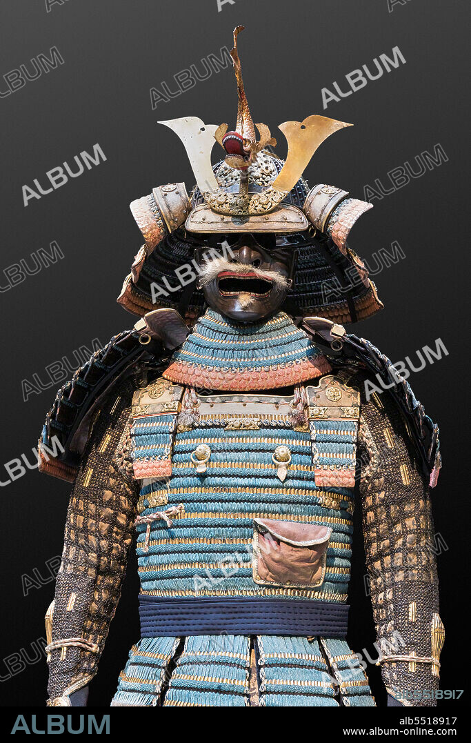 Composite armor of the do-maru type with blue silk ribbons. Made in its parts between the 15th and 17th centuries in Japan. Detail.