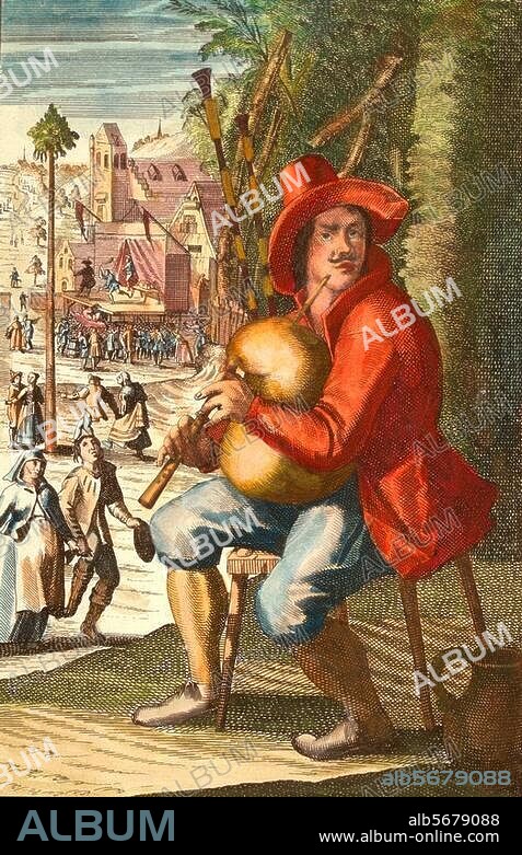 Music / Instruments:. Wind Instruments / Bagpipes. "Sack-Pfeife" (bagpipe). Copper engr., coloured, by Johann Christoph Weigel (c. 1754-1726). Fr.: Musicalisches Theatrum, auf welchen alle zu dieser edlen Kunst gehörige Instrumenta (...) vorgestellet werden, Nuremberg (J.C.Weigel) n. d. (1710/1720).