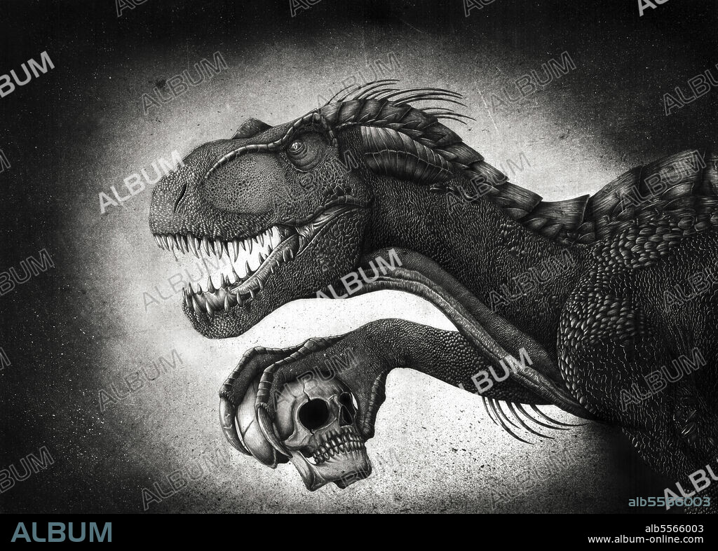 Indoraptor dinosaur grasping a skull with its talon.