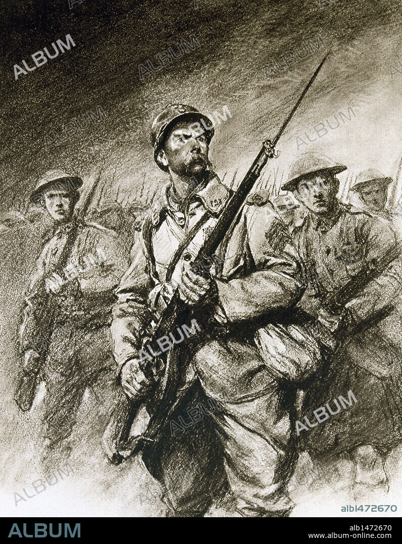 PRIMERA GUERRA MUNDIAL (1914-1918). Soldados de las tropas aliadas con las bayonetas caladas. Dibujo de "La Ilustración francesa" (1918) .