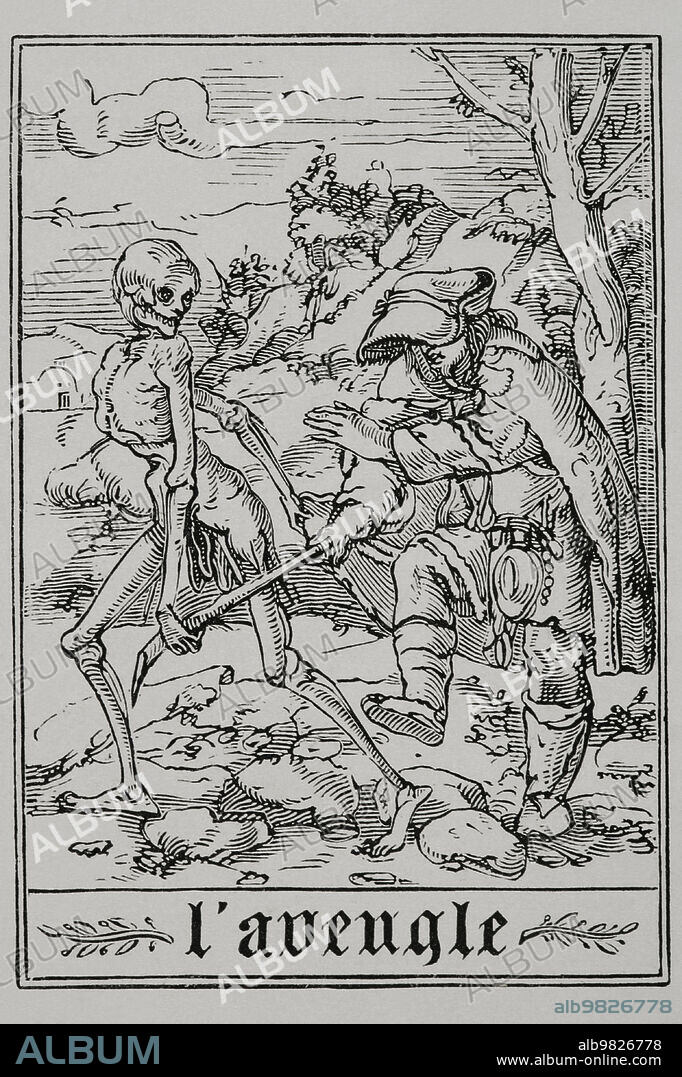 The Blind Man. The Death grabs the blind man's walking stick and guides him. Facsimile of an engraving belonging to the series "The Dance of Death" in "Les Simulacres de la Mort et Histoires facées de la Mort", Latin edition, 1547. "Vie Militaire et Religieuse au Moyen Age et à l'Epoque de la Renaissance", Paris, 1877.