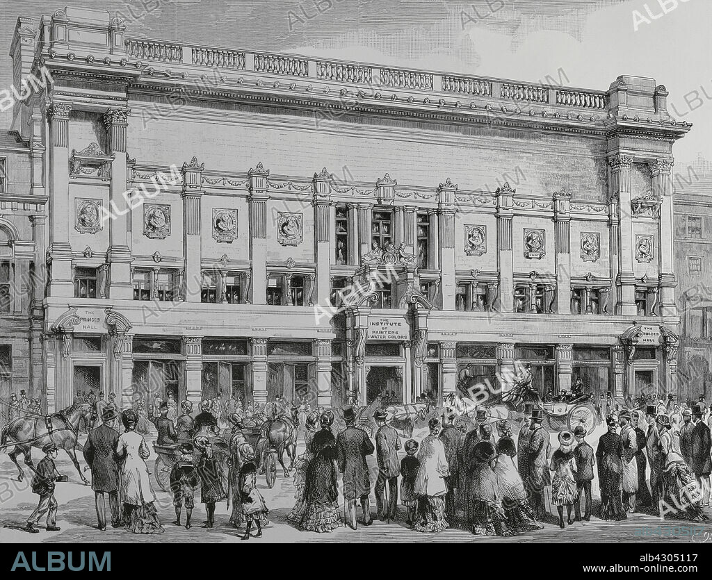 Inglaterra. Londres. Edificio de la Sociedad de Acuarelistas de Inglaterra, construido en Piccadilly por el arquitecto Edward Robert Robson (1836-1917). Fue inaugurado con motivo de la primera Exposición Internacional de Acuarelas celebrada en abril de 1883. Grabado. La Ilustración Española y Americana, 1883.