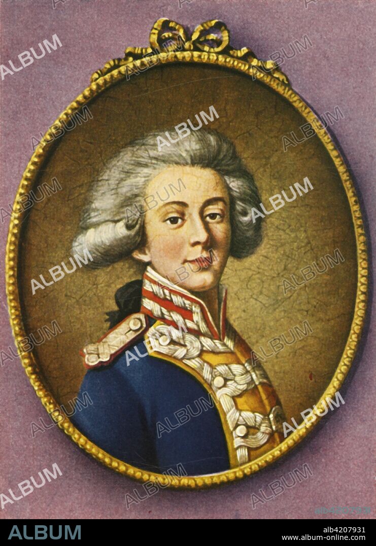 'Marie Joseph Paul Marquis De Lafayette', (1933). Portrait of the Marquis de Lafayette (1757-1834), French military leader and statesman. After a miniature by Danloux. From "Gestalten Der Weltgeschichte", a book of cigarette-card portrait miniatures of figures in world history from the last four hundred years. [Germany, 1933].
