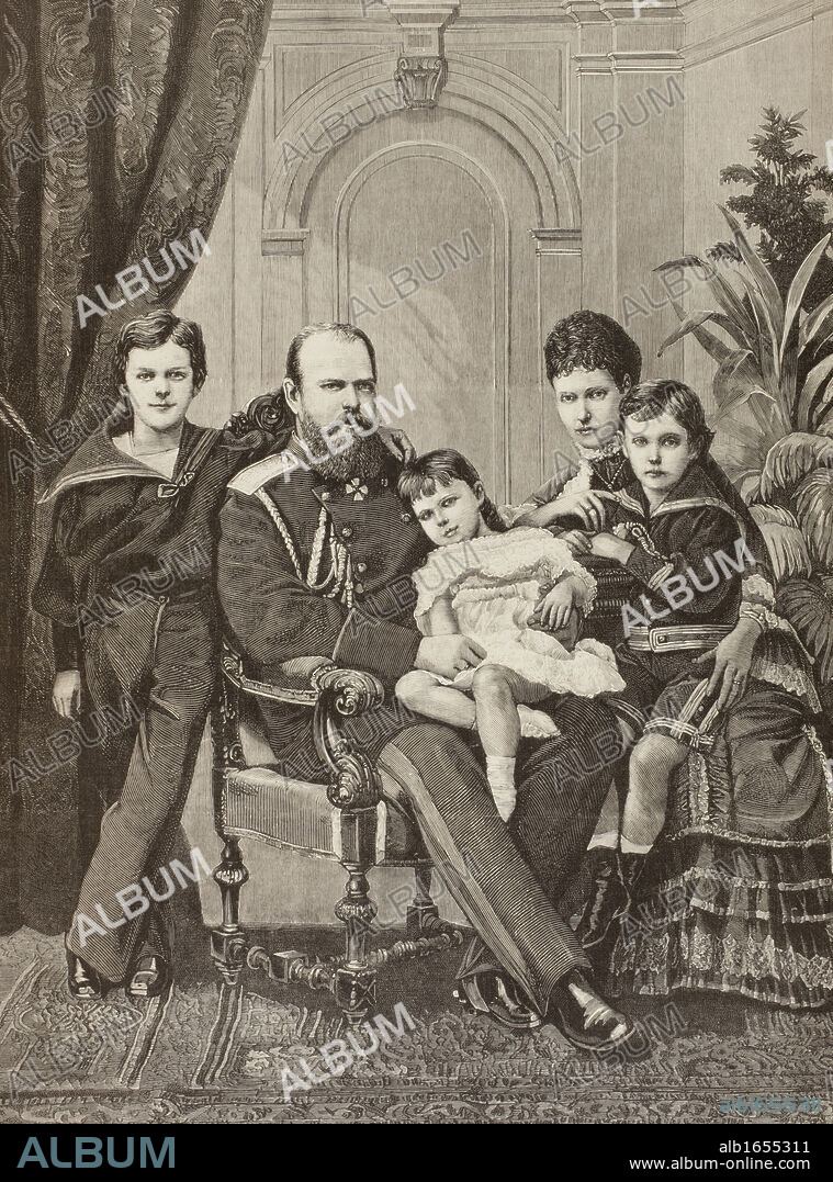 Alexander III of Russia and his family. From left to right: Grand Duke Nicholas Alexandrovitch, the future Nicholas II, Alexander III, Grand Duchess Xenia Alexandrovna, the Czarina Maria Feodorovna and Grand Duke George Alexandrovich. From La Ilustracion Espanola y Americana of 1881.