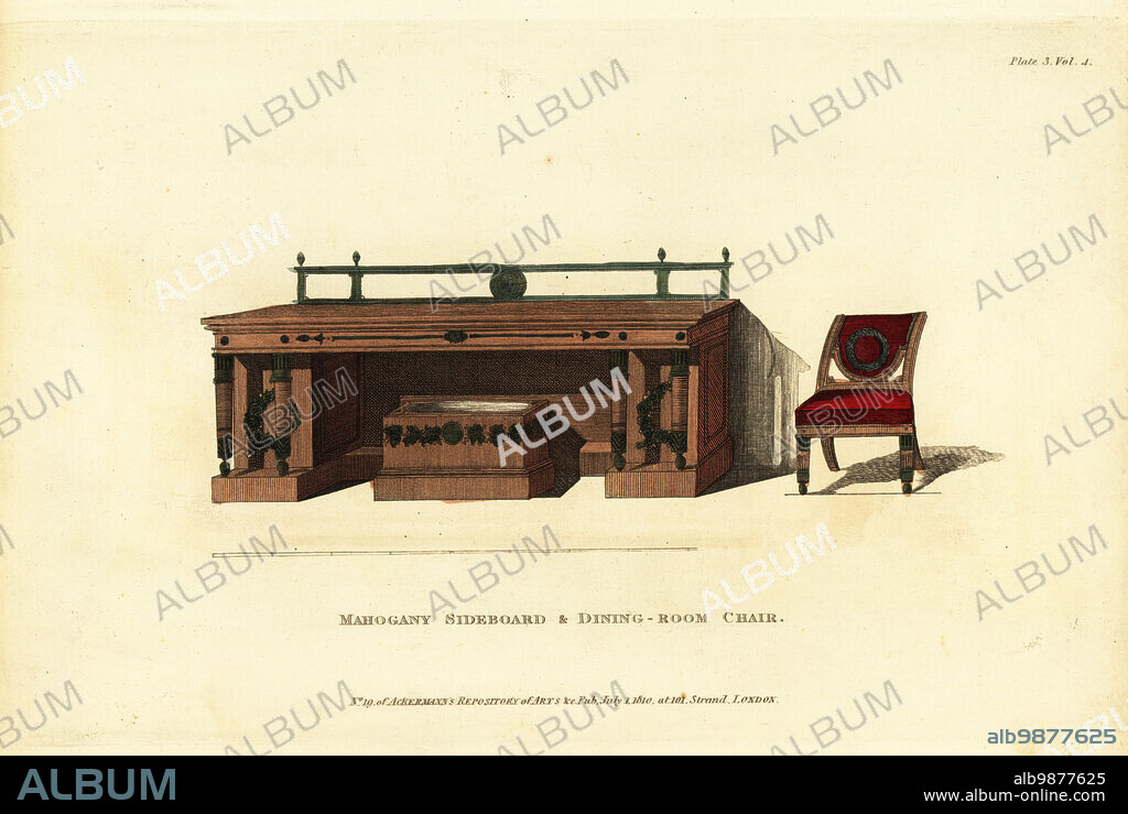 Mahogany sideboard and dining-room chair, 1810. Sideboard of Jamaican mahogany with cellarets, wine-cooler, drawers. Chair with French-stuffed seat and back covered in morocco leather. Handcoloured copperplate engraving from The Upholsterer's and Cabinet-Maker's Repository consisting of seventy-six designs of modern and fashionable furniture, Rudolph Ackermann, London, 1830.