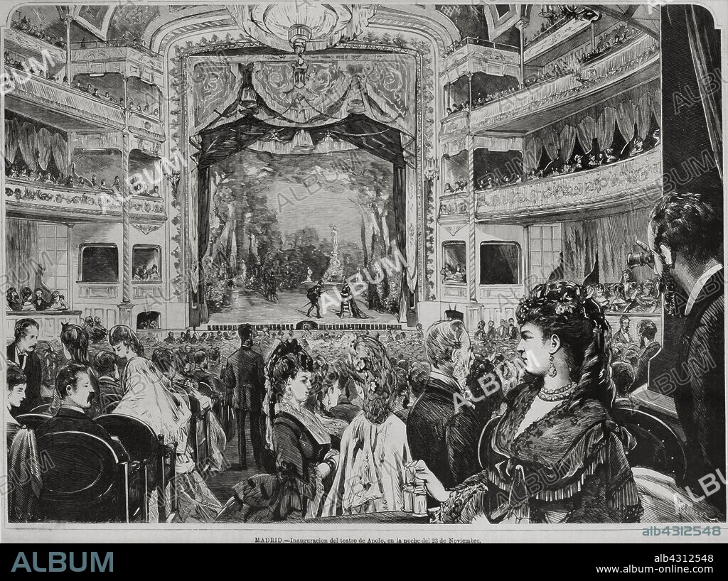 Historia de España. Siglo XIX. Madrid. Inauguración del Teatro Apolo en la noche del 23 de noviembre de 1873. Xilografía sobre papel. Tomás Carlos Capuz (1834-1899) y José Luís Pellicer (1842-1901). Museo de Historia. Madrid. España.