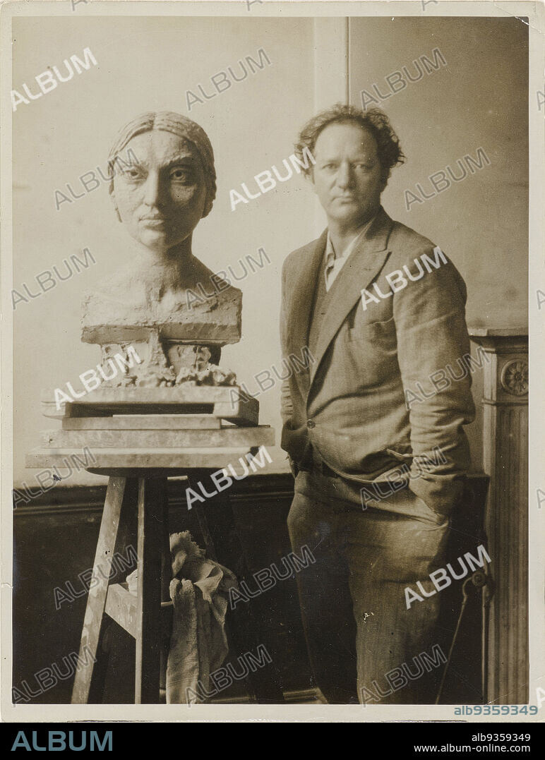 Portrait of American sculptor Jacob Epstein with a bust of Sunita Devi, anonymous, Jacob Epstein (mentioned on object), London, 1926, cardboard, baryta paper, gelatin silver print, height 217 mm × width 165 mm.
