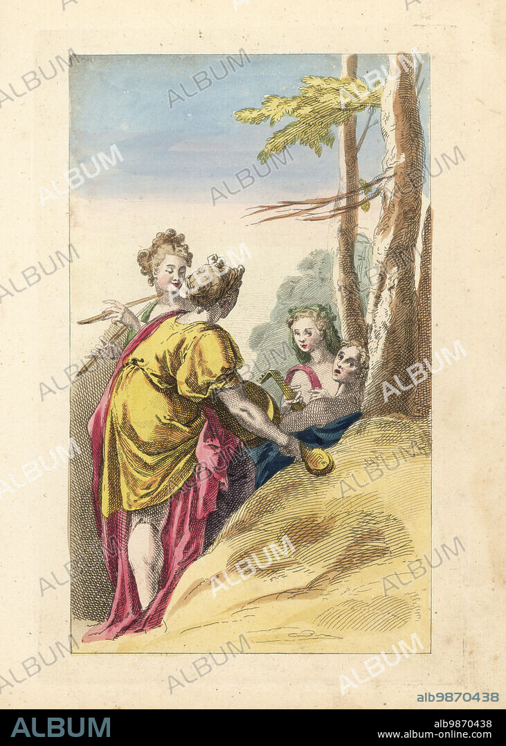 Bucolic scene of women musicians playing lute, aulos, typanum, etc. From a painting by old master in an 18th century art tutorial book. Handcoloured copperplate engraving from Robert Sayers The Artists Vade Mecum, Being the Whole Art of Drawing, London, 1766.