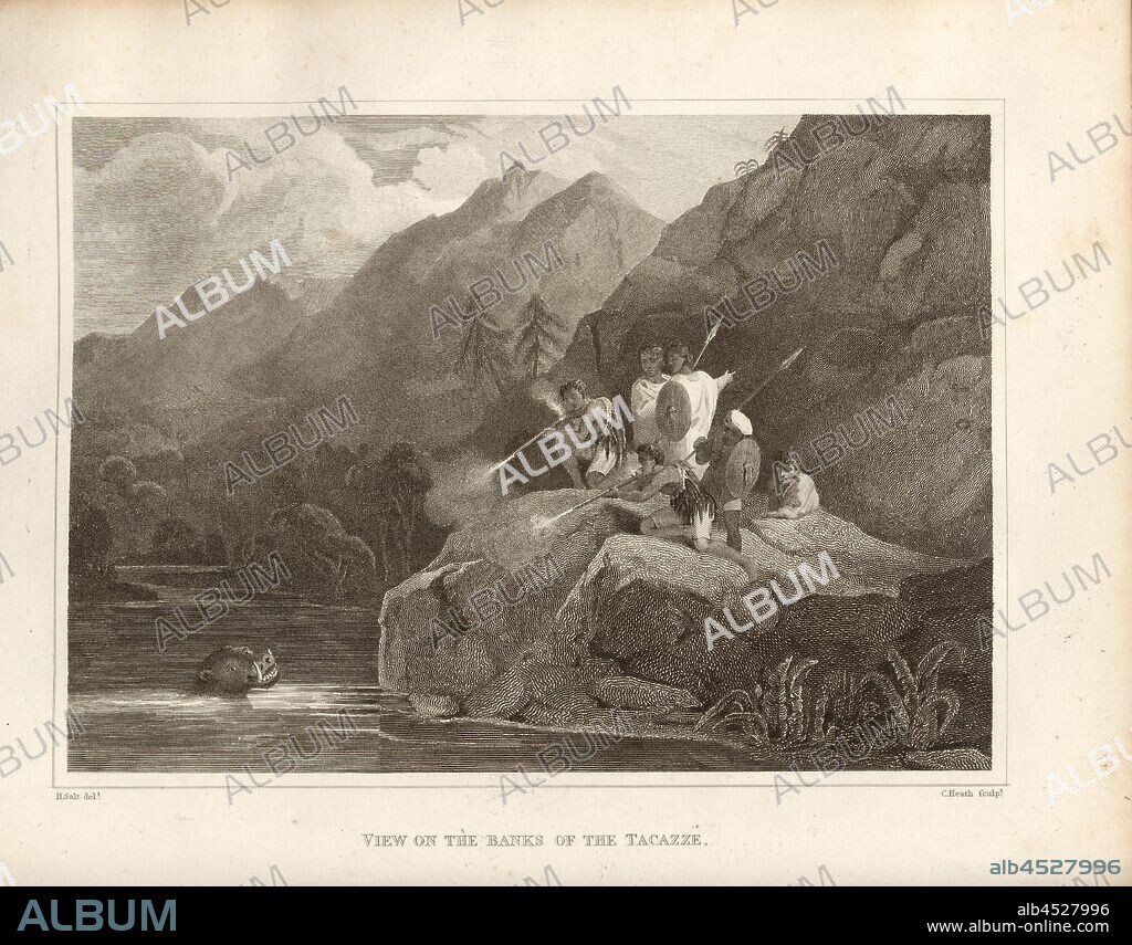 View on the Banks of the Tacazze, A group of hunters attacks a hippo in the Tacazze River, after p. 356, p. 418, Salt, Henry (del.); Heath, C. (sculp.), 1814, Henry Salt: A voyage to Abyssinia, and travels into the interior of that country, executed under the orders of the British government, in the years 1809 and 1810: in which are included, an account of the Portuguese settlements on the east coast of Africa, visited in the course of the voyage: a concise narrative of late events in Arabia Felix: and some particulars respecting the aboriginal African tribes, extending from Mosambique to the borders of Egypt: together with vocabularies of their respective languages. London: Rivington, 1814.