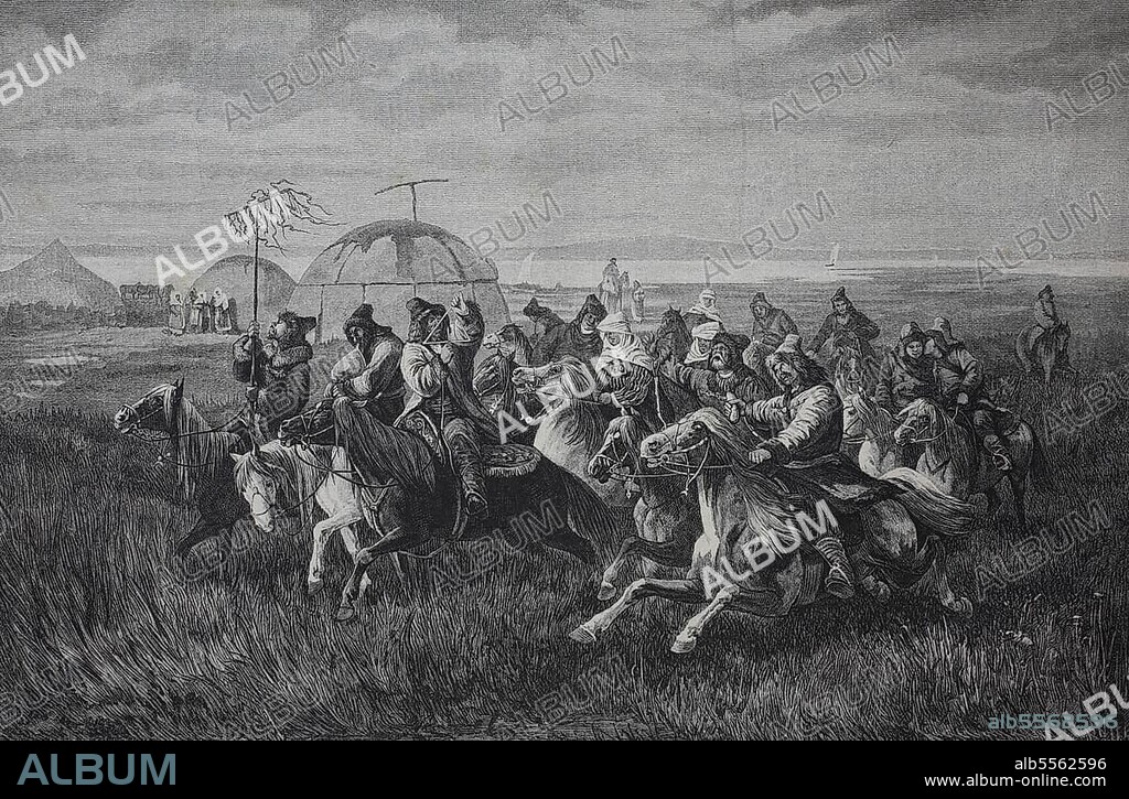 Hochzeitsfeier in den Kalmücken, 1888, Republik Kalmückien in der Kalmückischen Steppe, am westlichen Ufer des Kaspischen Meeres, History, digitale Reproduktion einer Originalvorlage aus dem 19. Jahrhundert.