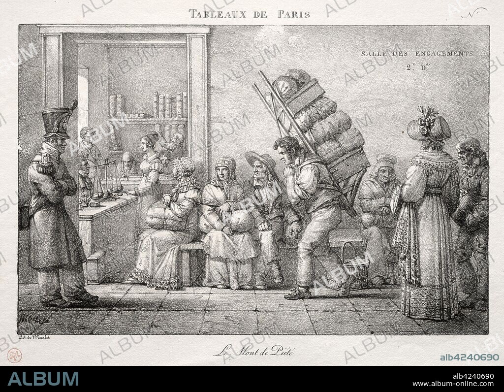 Scenes of Paris: The Pawnshop. Jean Henri Marlet (French, 1770-1847). Lithograph.